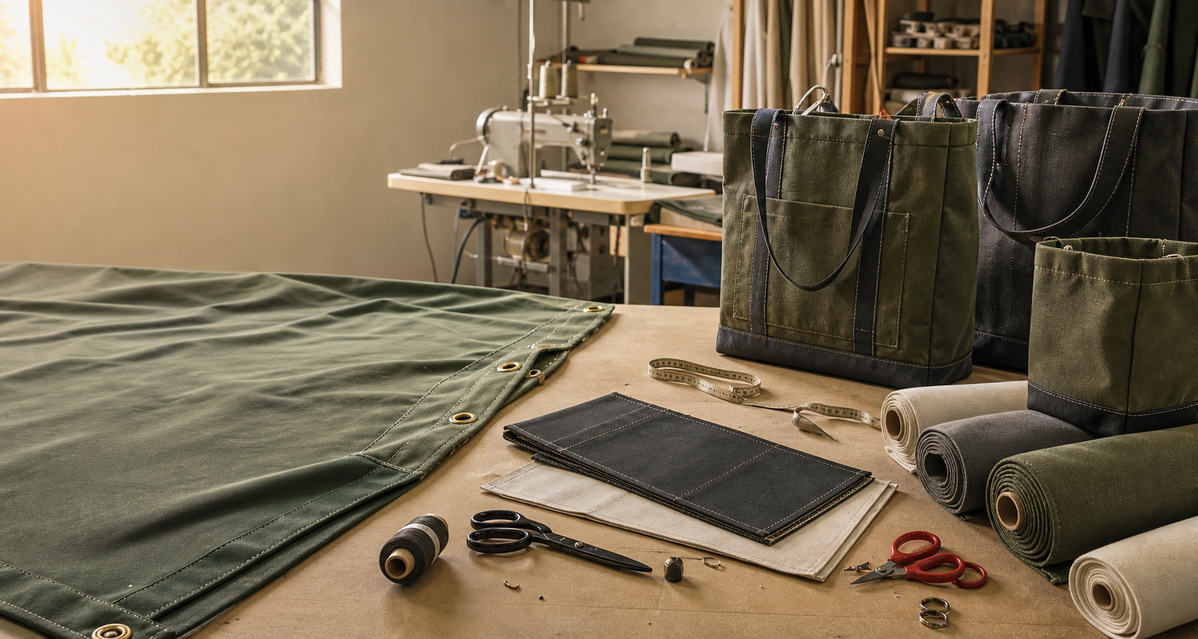Canvas workshop table with fabric, tools, and handmade bags